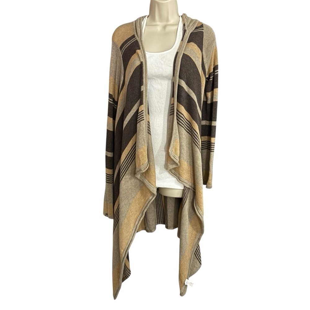 Athleta Hooded Brown Striped Long Open Sweater Jacket Cashmere Cotton Size XS